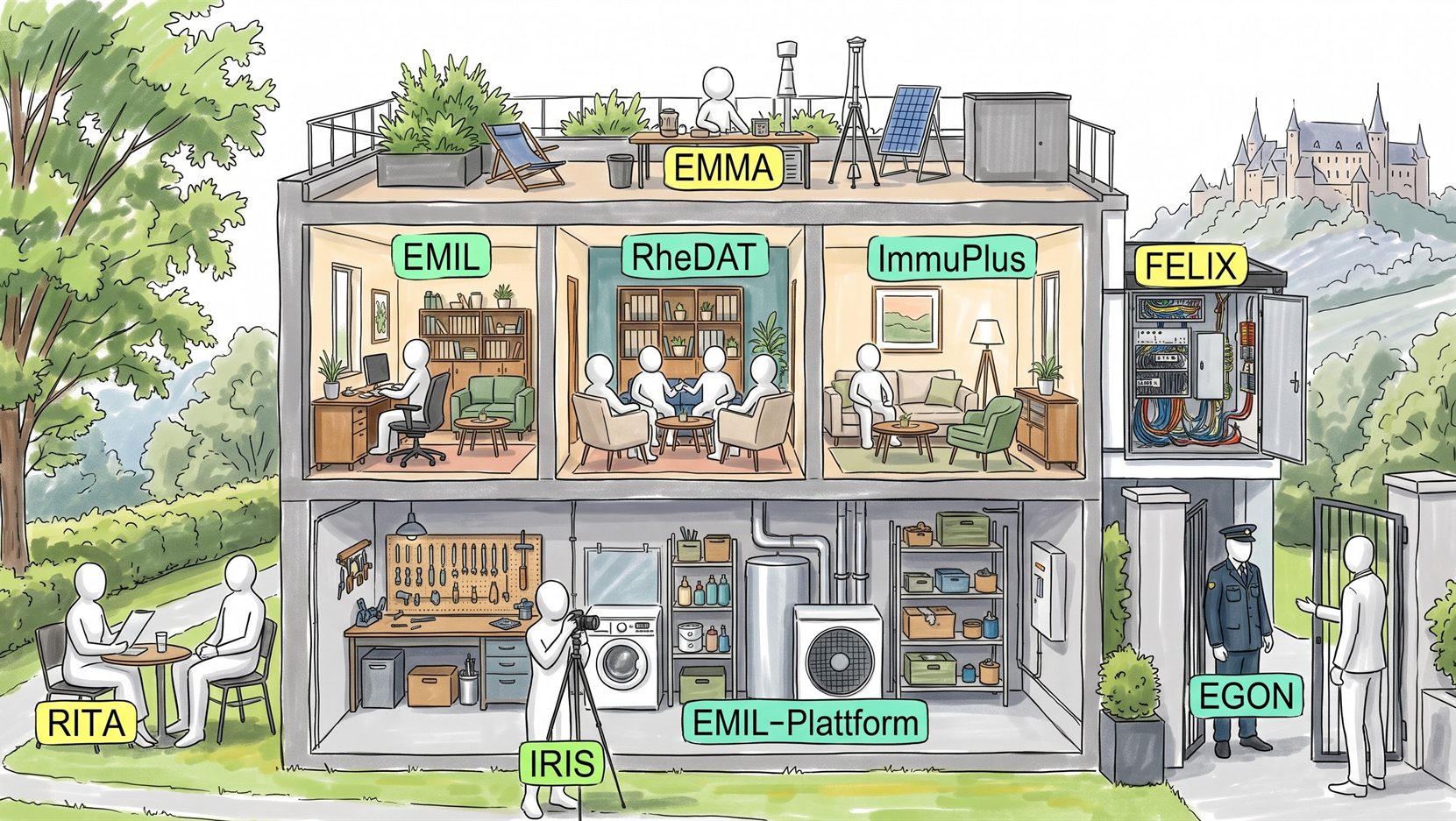 Gezeichnetes Schaubild der EMIL-Architektur als Haus im Querschnitt: Im Kellergeschoss mit Werkstatt, Haustechnik und Vorratsregalen liegt die EMIL-Plattform als Fundament. Im Obergeschoss liegen nebeneinander drei Wohnräume für die indikationsspezifischen Systeme EMIL, RheDAT und ImmuPlus. Auf der Dachterrasse arbeitet EMMA an einem Schreibtisch neben Wetterstation und Solarmodul. Seitlich angebaut ist FELIX als Anschlussraum mit offenem Verteilerschrank. Vor dem Haus führt RITA am Gartentisch ein Interview, IRIS steht mit einer Kamera auf dem Stativ bereit, und EGON prüft als Pförtner am Tor den Zugang eines Besuchers.
